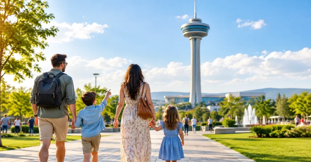 What to do in Seattle with kids: family walking toward the skyline