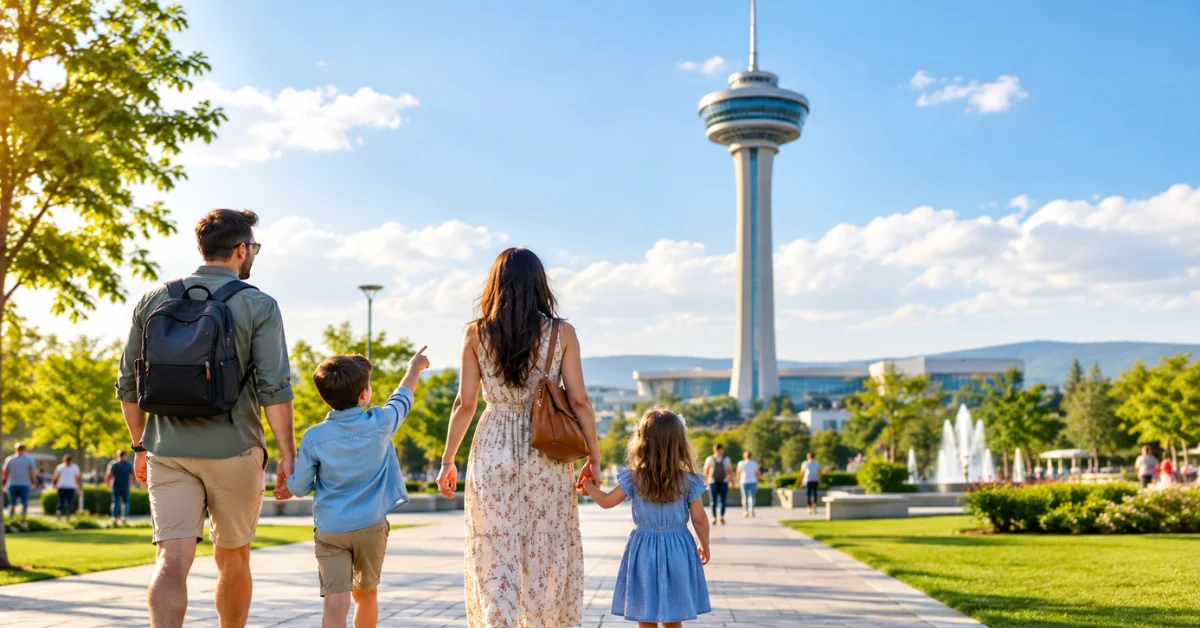 What to do in Seattle with kids: family walking toward the skyline