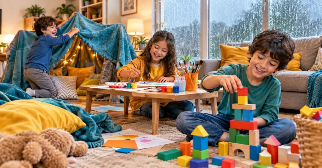 What to do on a rainy day with kids — indoor fort, painting, and blocks
