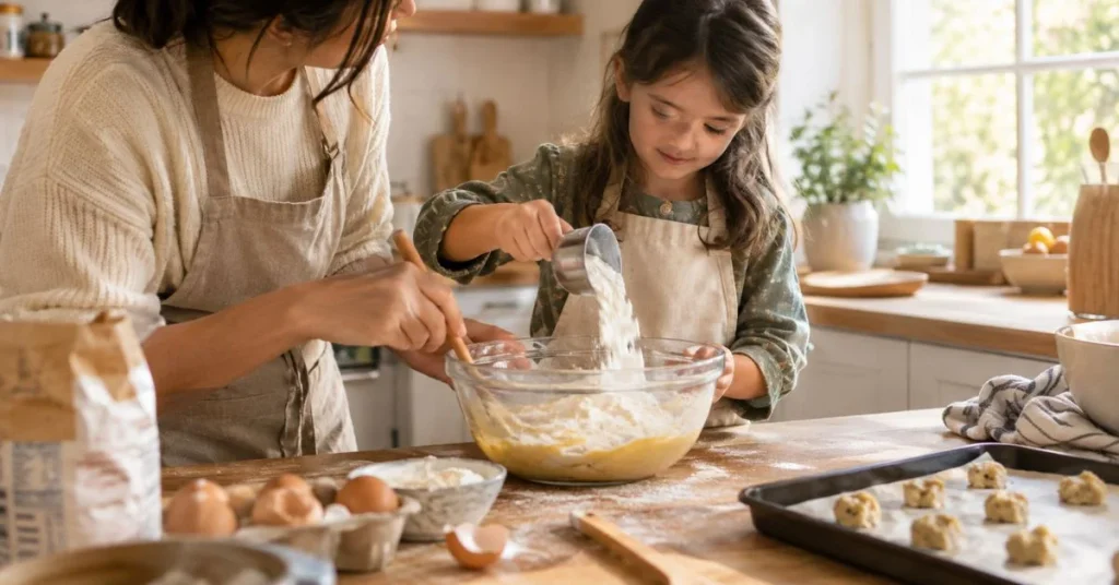 What to do on a rainy day with kids — baking cookies together in the kitchen