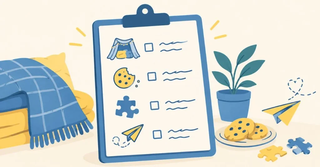 What to do on a rainy day with kids — activity checklist illustration