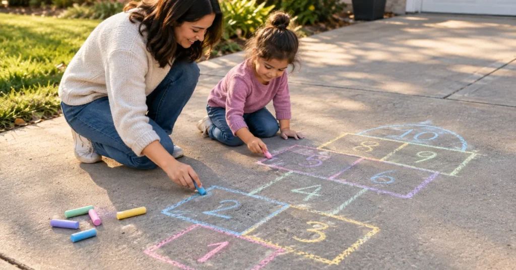 What to do with kids outside: parent and child drawing chalk hopscotch