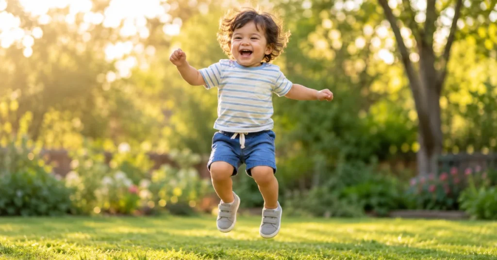 When toddlers start jumping: toddler mid-jump with both feet off the ground in a backyard